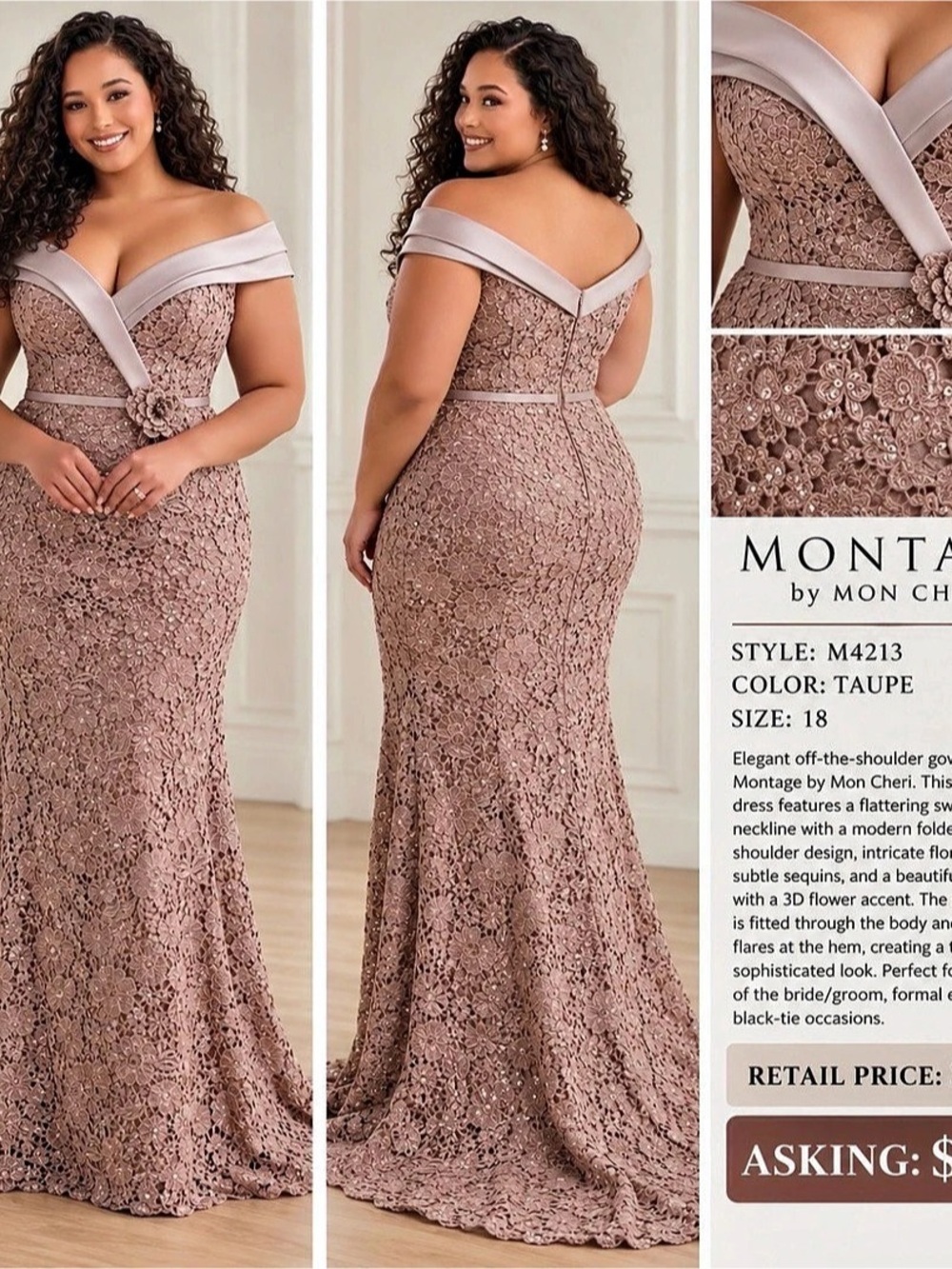 Montage by Mon Cheri M4213 Lace Off-Shoulder Gown Pink Size 18